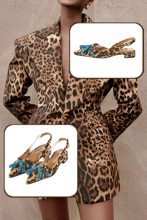 Women's animal print and peacock blue elegant slingback heels, with a bow on the front. Pointed toe. Flat flare heels - Top view